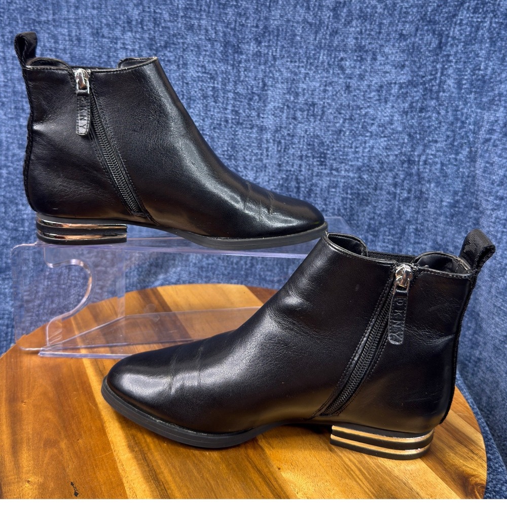 DKNY Ankle Boots Womens 5.5 Black Synthetic Pointed Toe Metallic Block Heel Zip